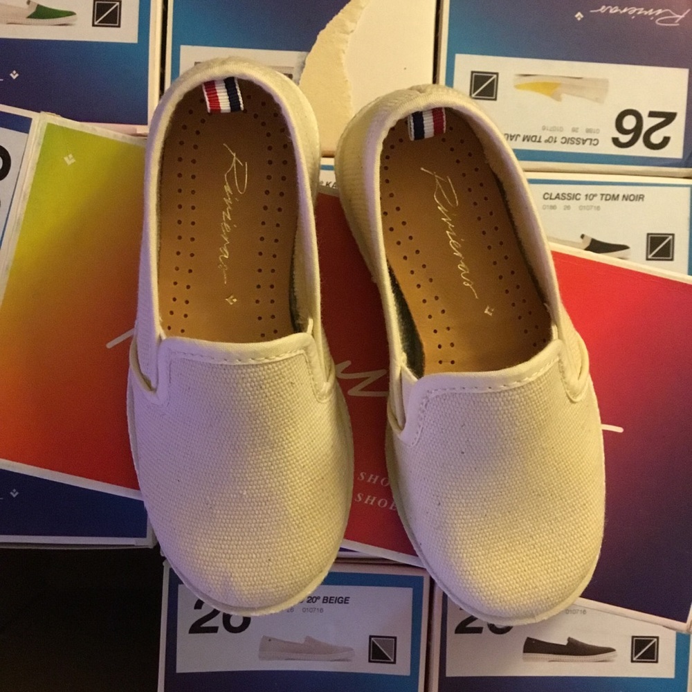 Child’s new Rivieras beige canvas slip on loafers